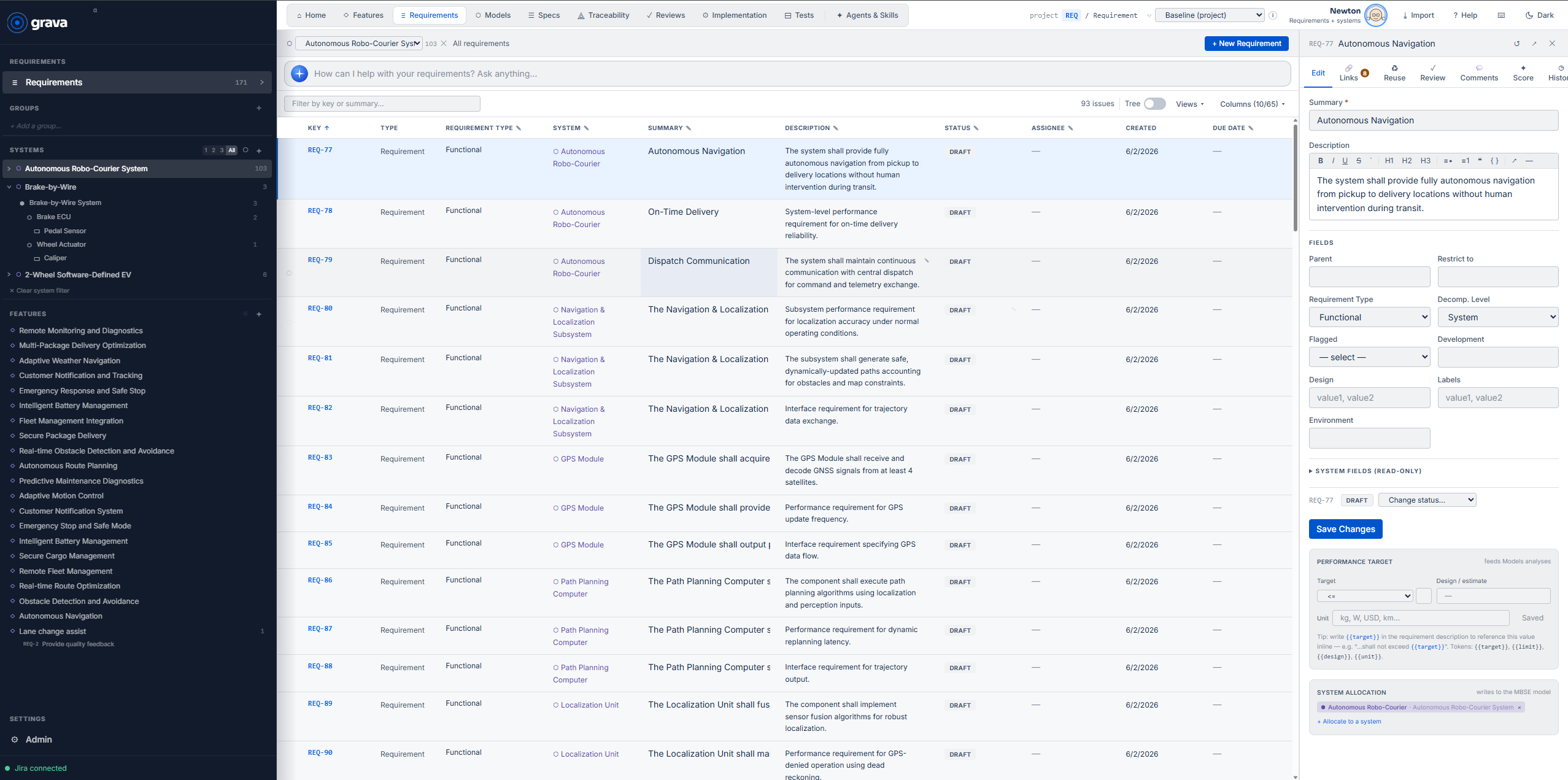 Grava requirements table with rich field model, system allocation, and side-panel detail editor